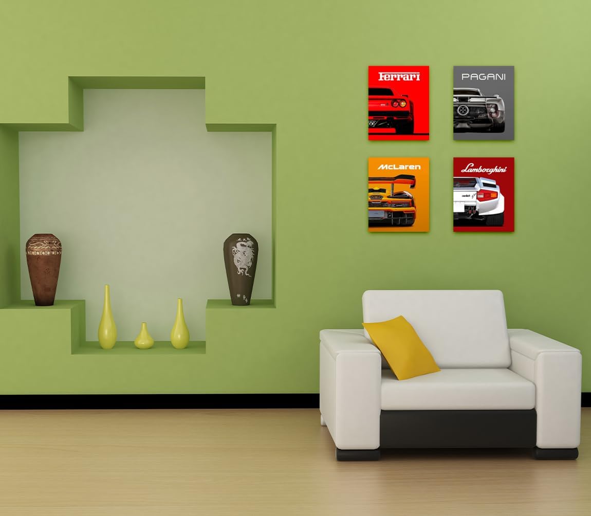 Modern Car Posters Classic Supercar Wall Art Prints, Ferrari Lamborghini Mclaren Pagani Canvas Posters for Man Cave Boys Room Wall Decor, Sports Car Art Prints, 4 Set - 8"X10" Frame, Ready to Hang