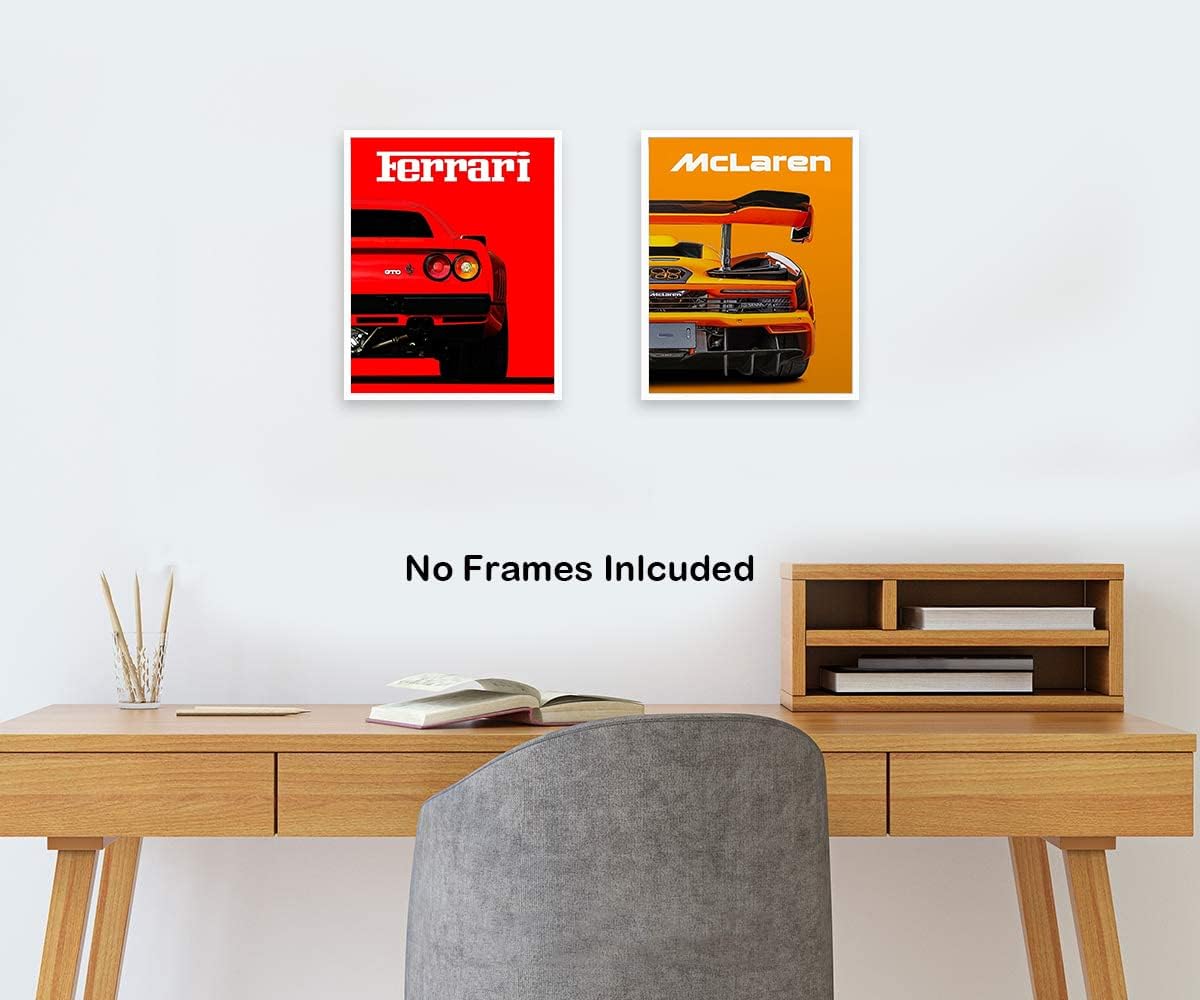 Modern Car Posters Classic Supercar Wall Art Prints, Cool Racing Ferrari Lamborghini Mclaren Pagani Canvas Posters for Man Cave Boys Room Wall Decor, Sports Car Art Prints, Set of 4 (8"X10" Unframed)