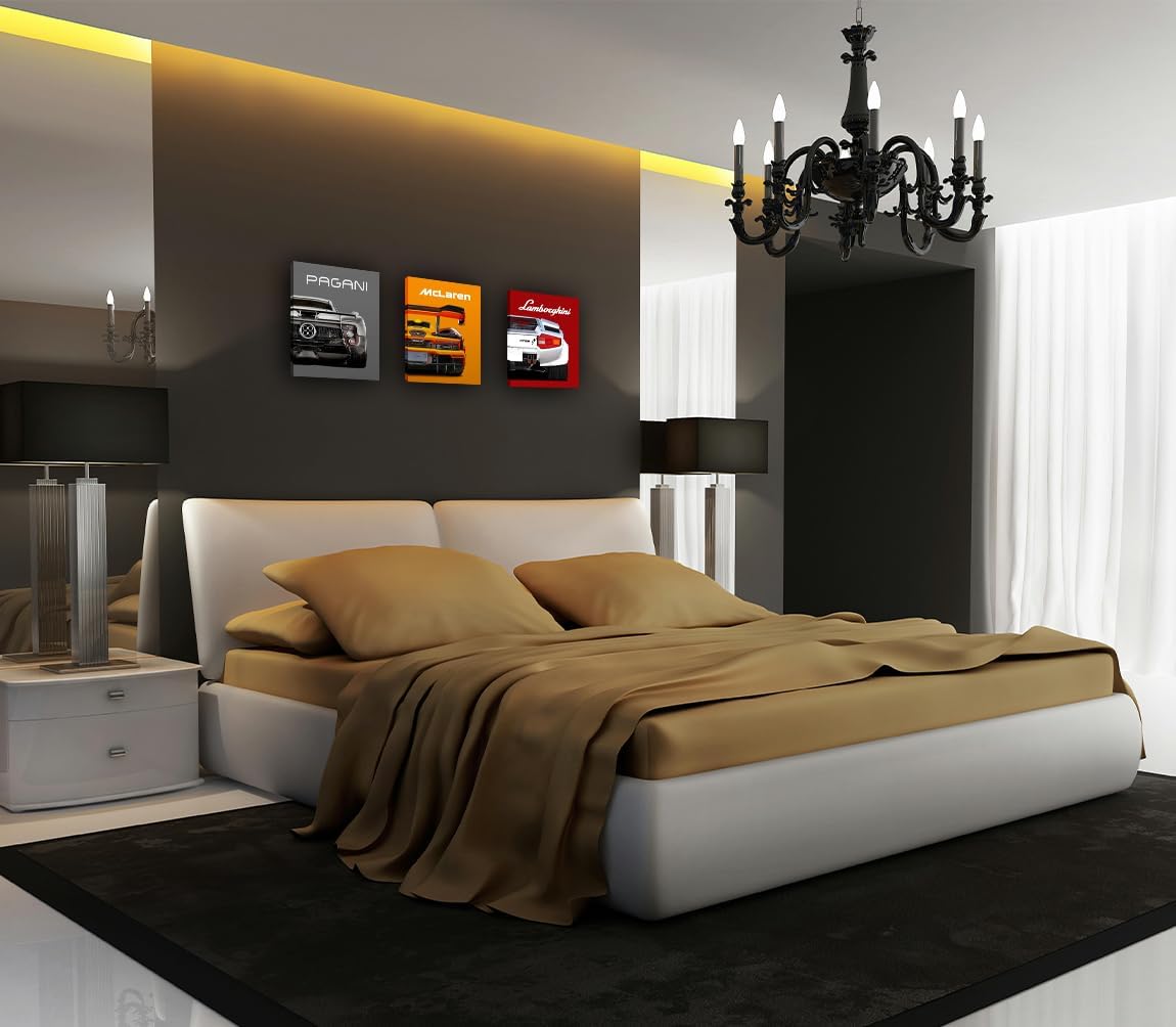 Modern Car Posters Classic Supercar Wall Art Prints, Ferrari Lamborghini Mclaren Pagani Canvas Posters for Man Cave Boys Room Wall Decor, Sports Car Art Prints, 4 Set - 8"X10" Frame, Ready to Hang