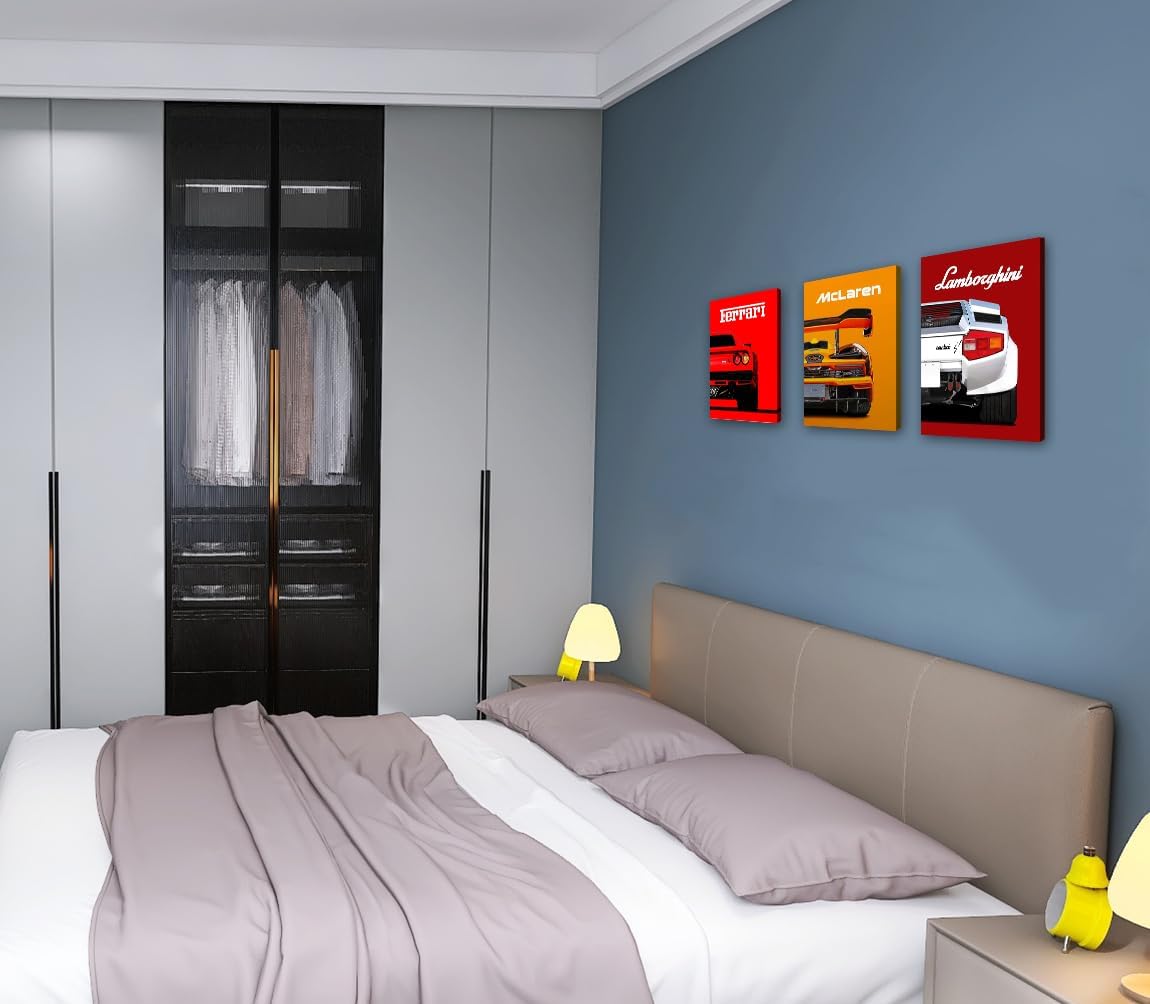 Modern Car Posters Classic Supercar Wall Art Prints, Ferrari Lamborghini Mclaren Pagani Canvas Posters for Man Cave Boys Room Wall Decor, Sports Car Art Prints, 4 Set - 8"X10" Frame, Ready to Hang