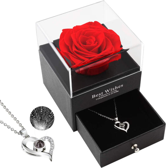 Elegant Gifts for Her: Preserved Real Rose with "I Love You" Necklace in 100 Languages - Perfect for Girlfriend, Wife, and Anniversary Celebrations