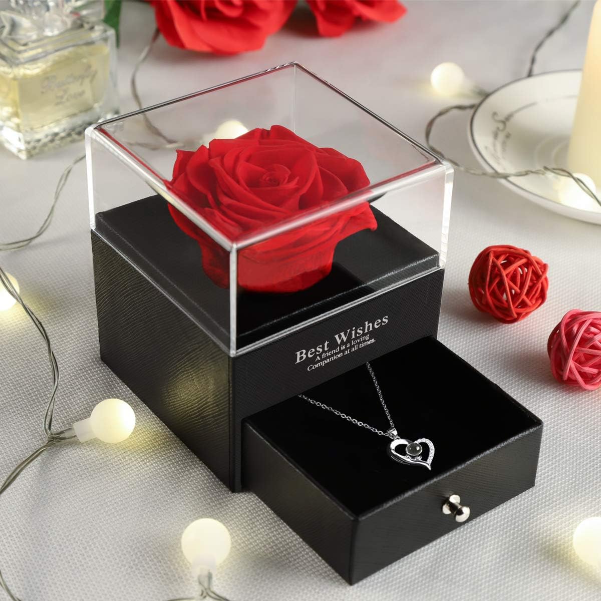 Elegant Gifts for Her: Preserved Real Rose with "I Love You" Necklace in 100 Languages - Perfect for Girlfriend, Wife, and Anniversary Celebrations