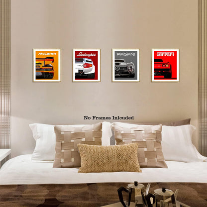 Modern Car Posters Classic Supercar Wall Art Prints, Cool Racing Ferrari Lamborghini Mclaren Pagani Canvas Posters for Man Cave Boys Room Wall Decor, Sports Car Art Prints, Set of 4 (8"X10" Unframed)