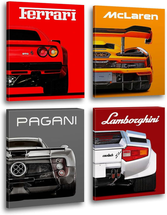 Modern Car Posters Classic Supercar Wall Art Prints, Ferrari Lamborghini Mclaren Pagani Canvas Posters for Man Cave Boys Room Wall Decor, Sports Car Art Prints, 4 Set - 8"X10" Frame, Ready to Hang