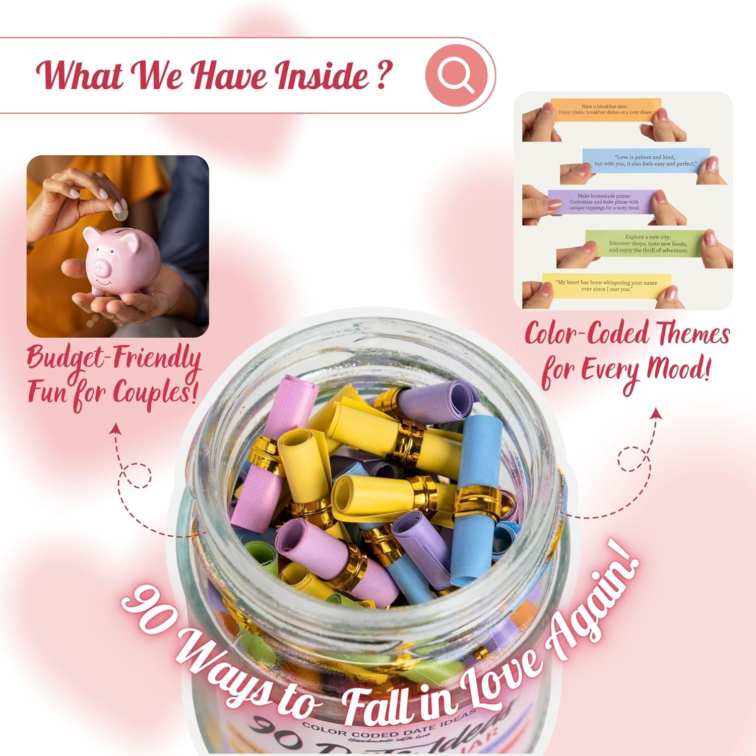 90 Date Ideas in a Jar Date Night Ideas Color Coded Date Ideas Budget-Friendly Date Jar Wedding/Anniversary/Bridal Shower/Newlyweds Gifts for Couples, Him, Her, Boyfriend, Girlfriend, Gag Gifts Funny