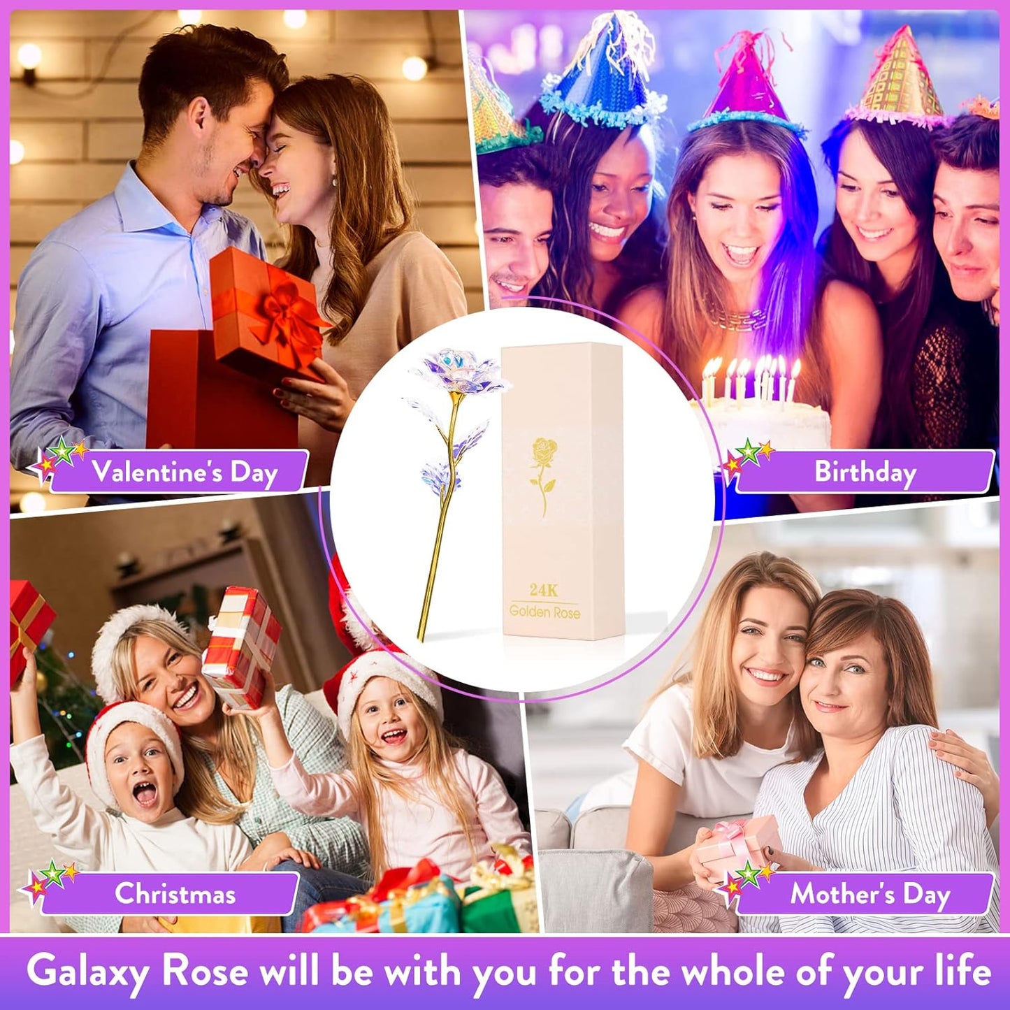 Birthday Gifts for Women Mom, Galaxy Glass Rose Forever Preserved Flowers Eternal Crystal Roses Christmas Rose Gifts for Grandma Wife Sister Her Friends, Colorful