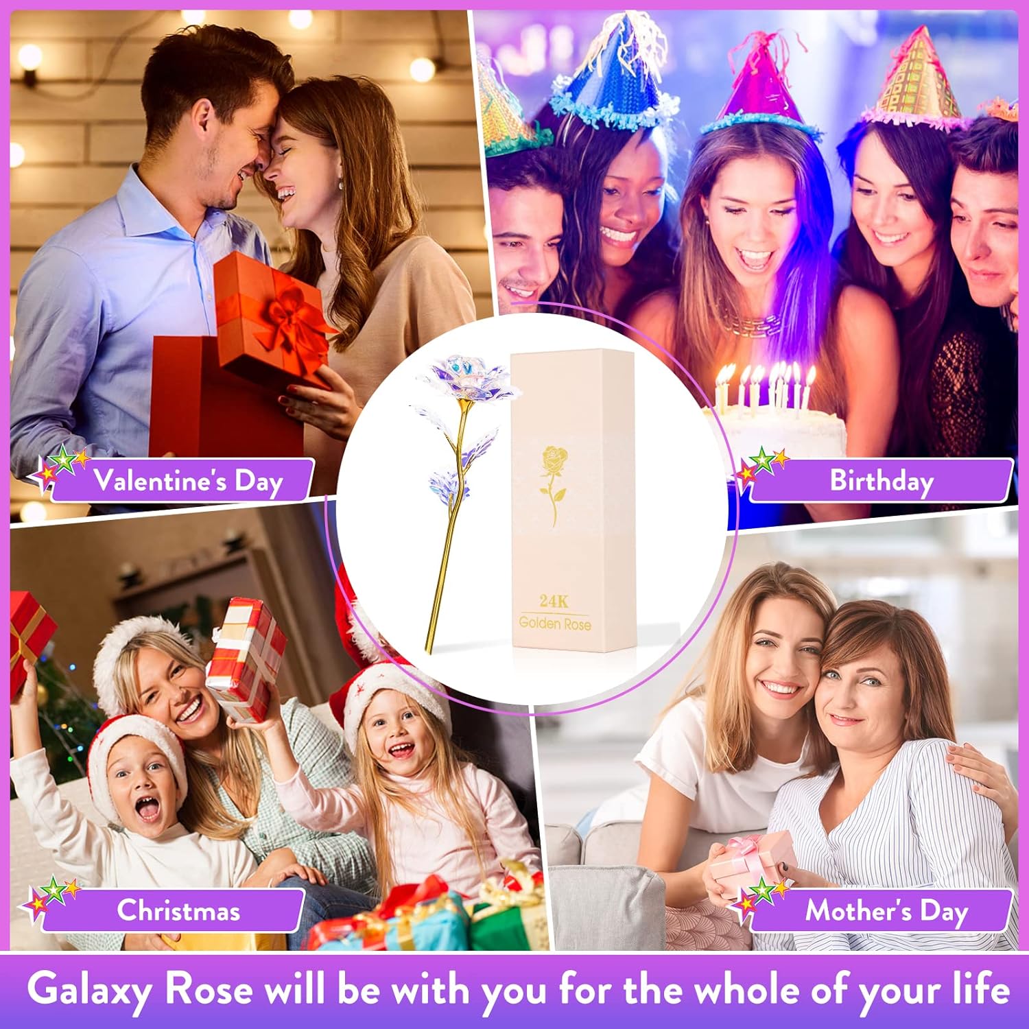 Birthday Gifts for Women Mom, Galaxy Glass Rose Forever Preserved Flowers Eternal Crystal Roses Christmas Rose Gifts for Grandma Wife Sister Her Friends, Colorful